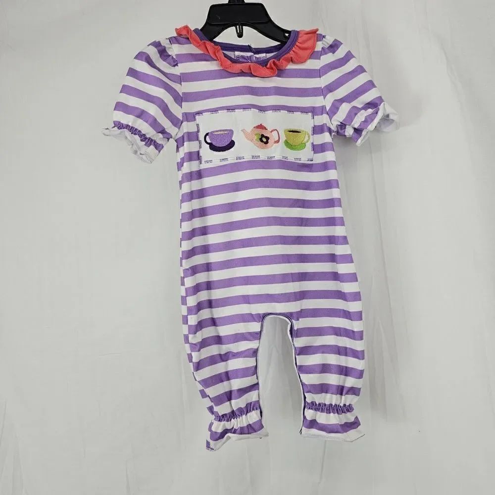 Baby Girl Tea Pot Tea Cup Romper Striped Ruffled Size 3-6 Months Lavender